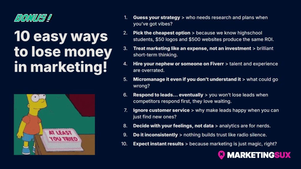 10 Easy Ways to Lose Money in Marketing infographic